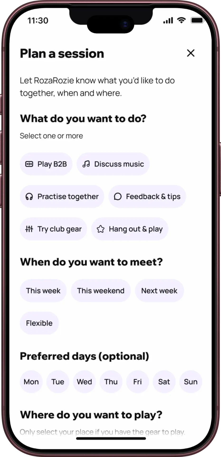 Beat/with session planner with activity, date, and meeting-place choices.