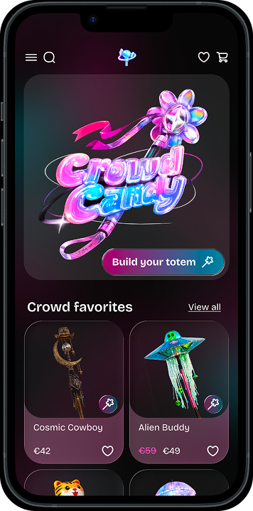 Crowd Candy homepage with the brand hero, “Build your totem” action and crowd favourites.