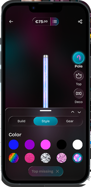 Totem Studio pole step: live preview of the pole with colour options and a “Top missing” hint.