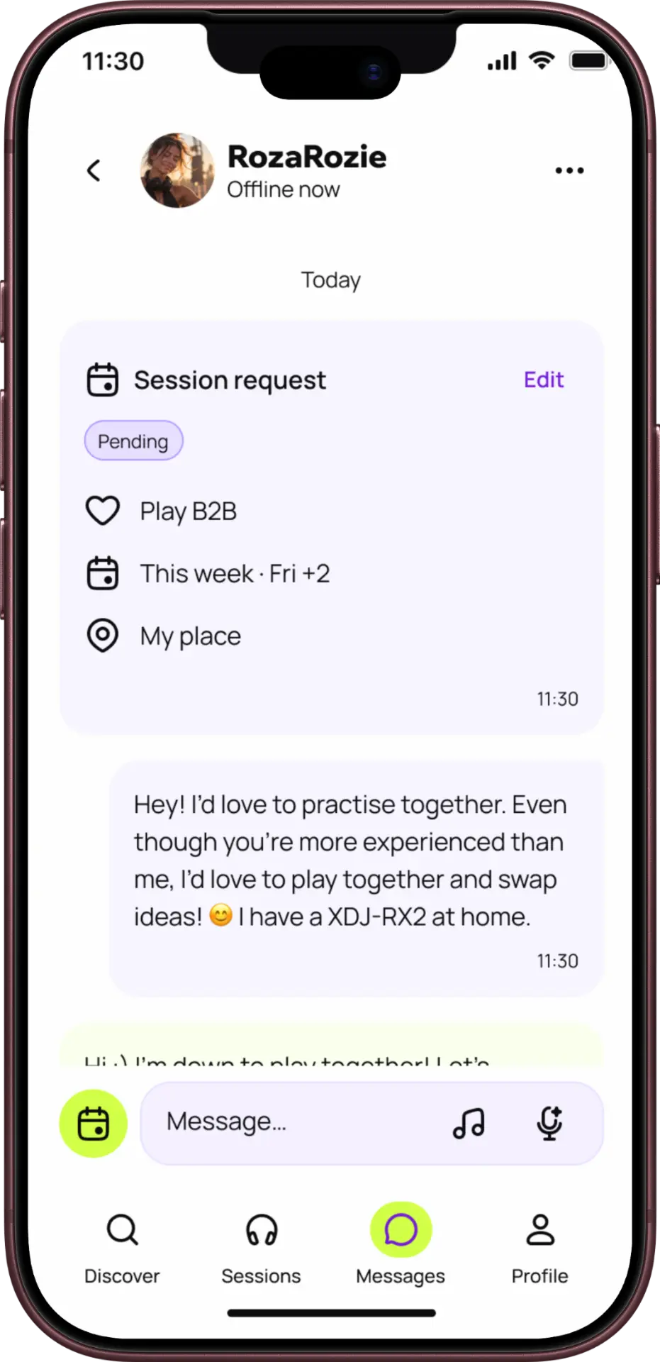 Beat/with conversation showing a pending session request and messages.