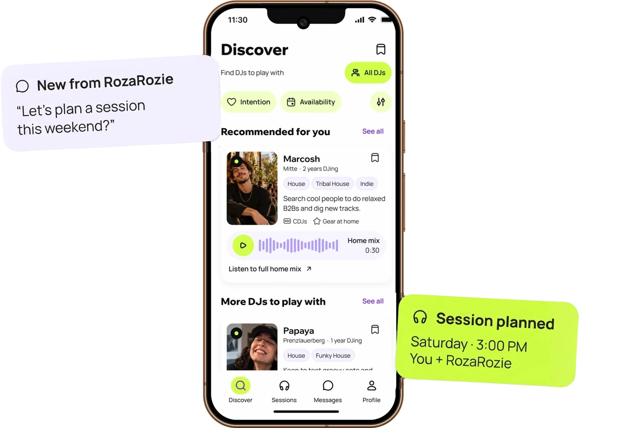 Beat/with Discover screen with Marcosh and Papaya, alongside notes about planning a session with RozaRozie