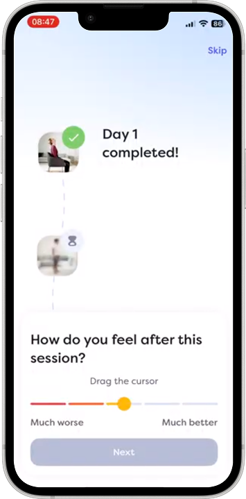 Day 1 completed screen with the progress path and a “How do you feel after this session?” feedback slider.
