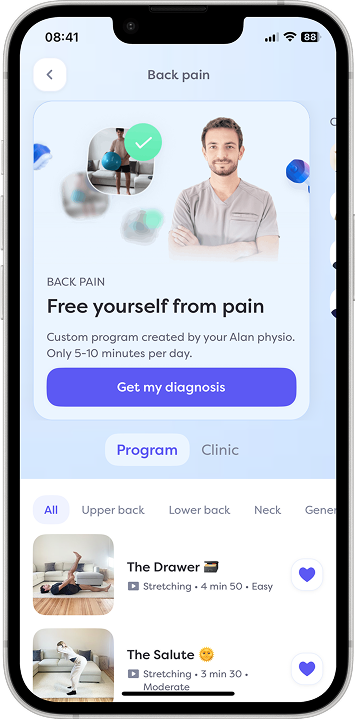 Back pain program home: “Free yourself from pain” hero with the physio card and a Get my diagnosis action, above the exercise library.