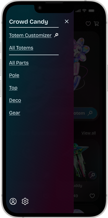 V2 navigation menu listing the customizer, all totems and each part category.