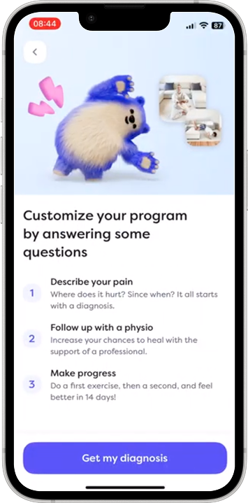 Onboarding intro with the Alan bear mascot: “Customize your program by answering some questions”, followed by the three steps.