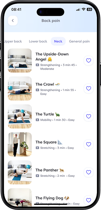 Alan exercise library screen showing guided back-pain exercises such as The Upside-Down Angel and The Crawl