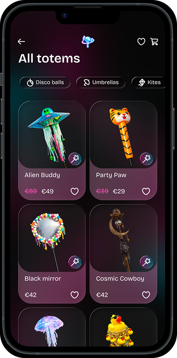 All totems listing with category filters for disco balls, umbrellas and kites.