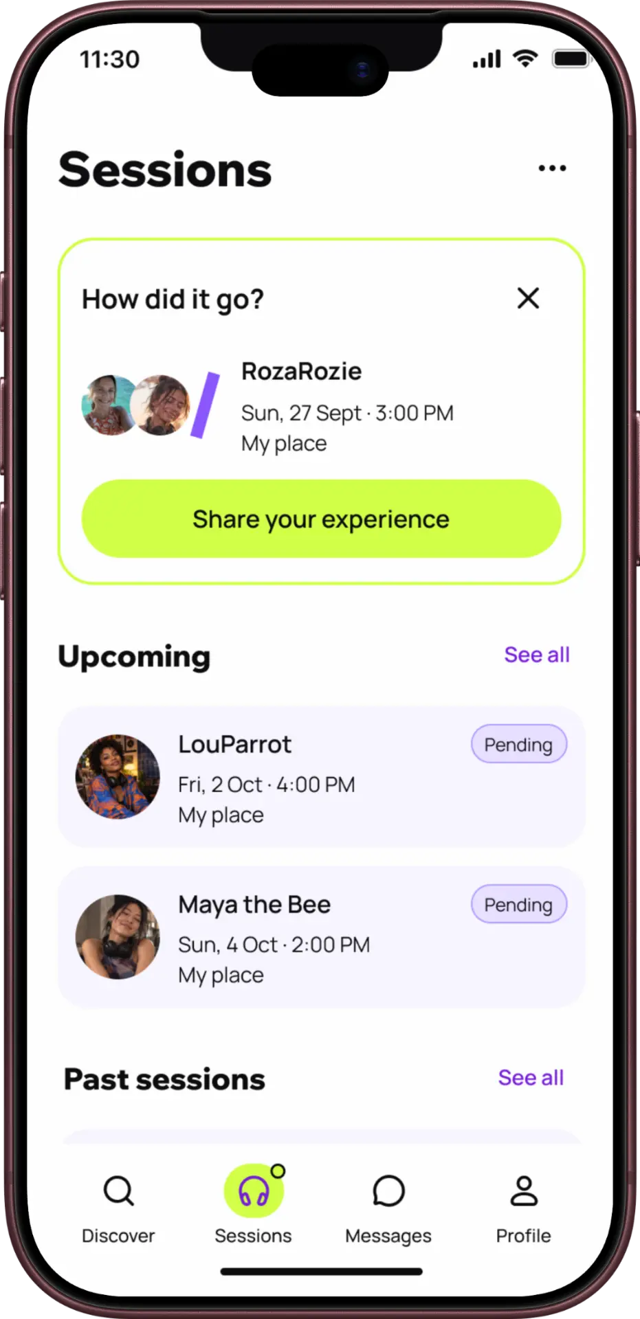 Beat/with sessions list showing completed, upcoming, and past sessions.