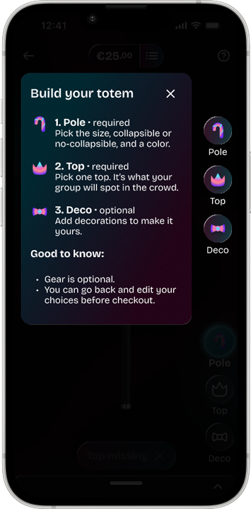 V2 of the totem customizer: a “Build your totem” step-by-step instructions overlay guides the user through the required steps.