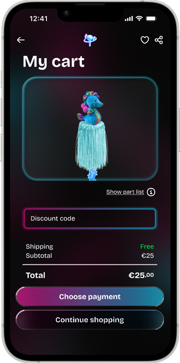 V2 cart screen with a “Show part list” action next to the totem price.