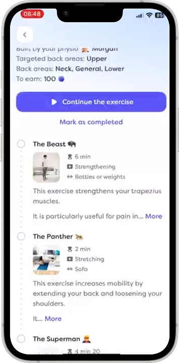 Program detail listing exercises built by the physio, with duration, type and equipment for each movement.