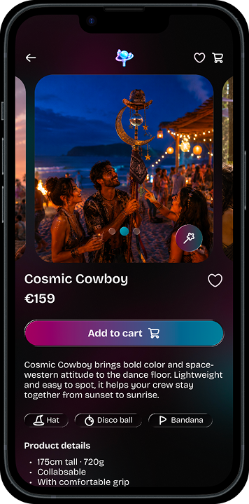Product detail for the Cosmic Cowboy totem, shown in a festival crowd with an add-to-cart action.