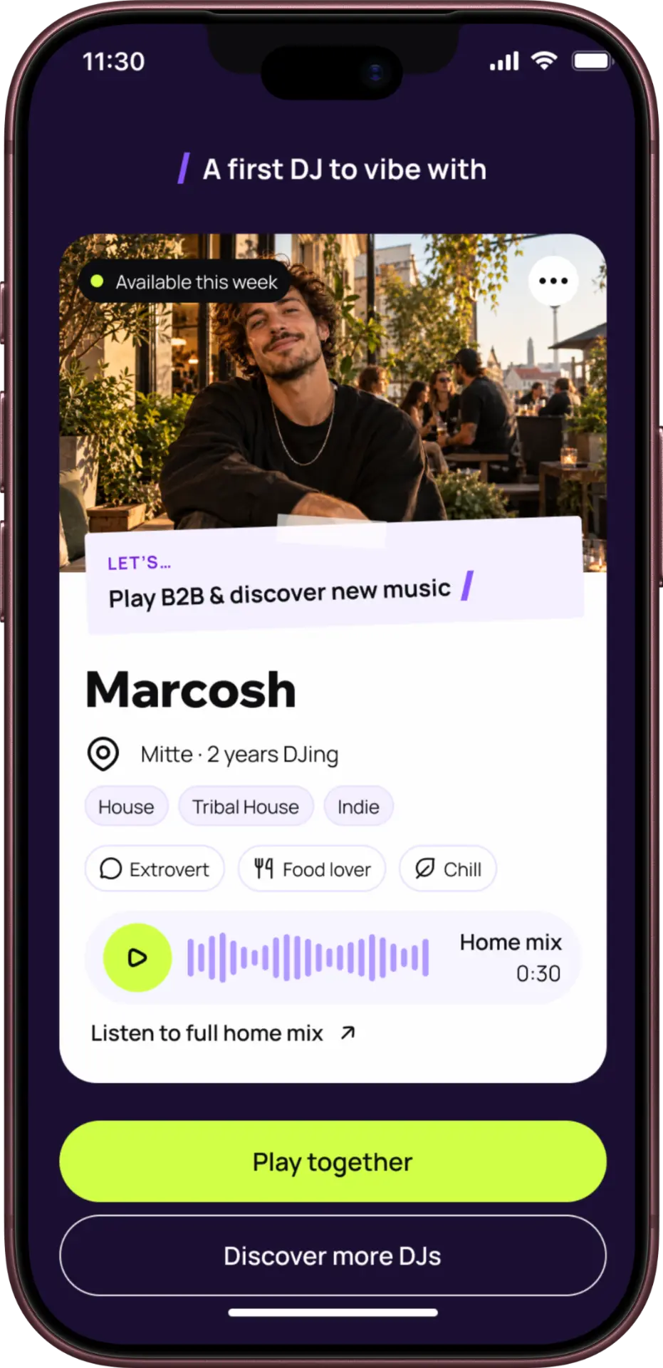 Beat/with DJ profile for Marcosh with music, availability, and a Say hi action.
