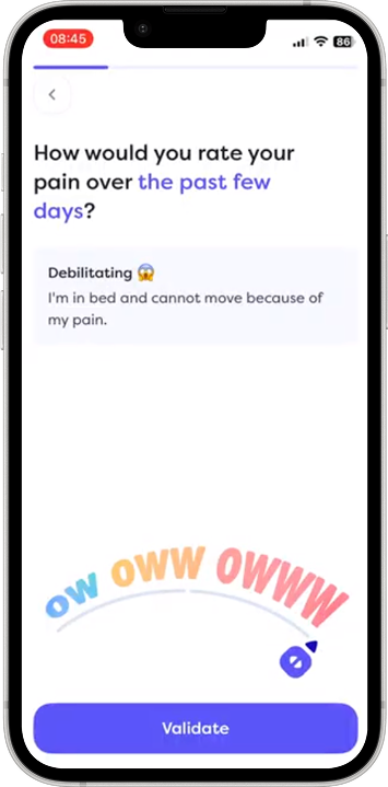 Pain rating question: “How would you rate your pain over the past few days?” with the “ow oww owww” dial and a Validate action.