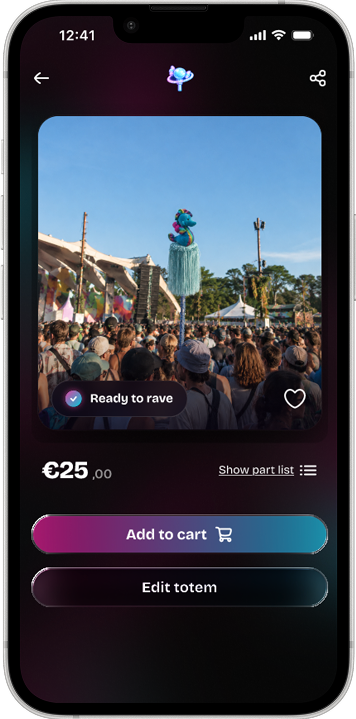 V2 totem showcase screen: the finished totem shown in a real festival crowd before checkout.