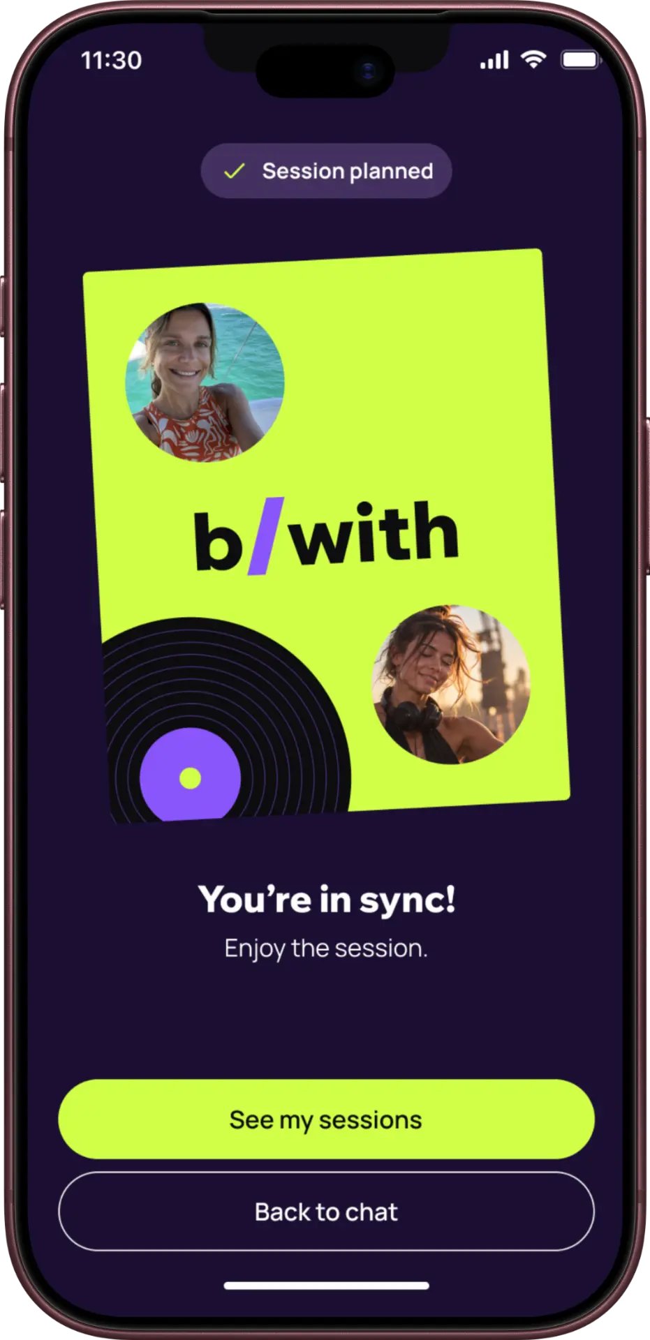 Beat/with confirmation screen showing a planned session and You're in sync message.