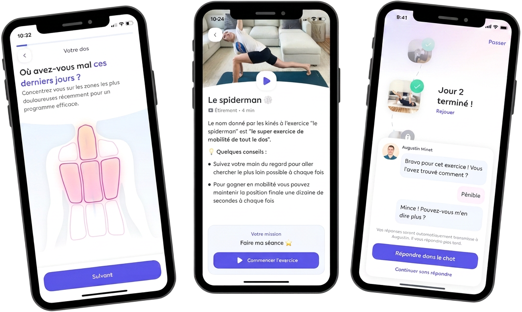 Three Alan back-pain app screens: pain-area diagnosis, a guided exercise, and a completed session with physiotherapist feedback