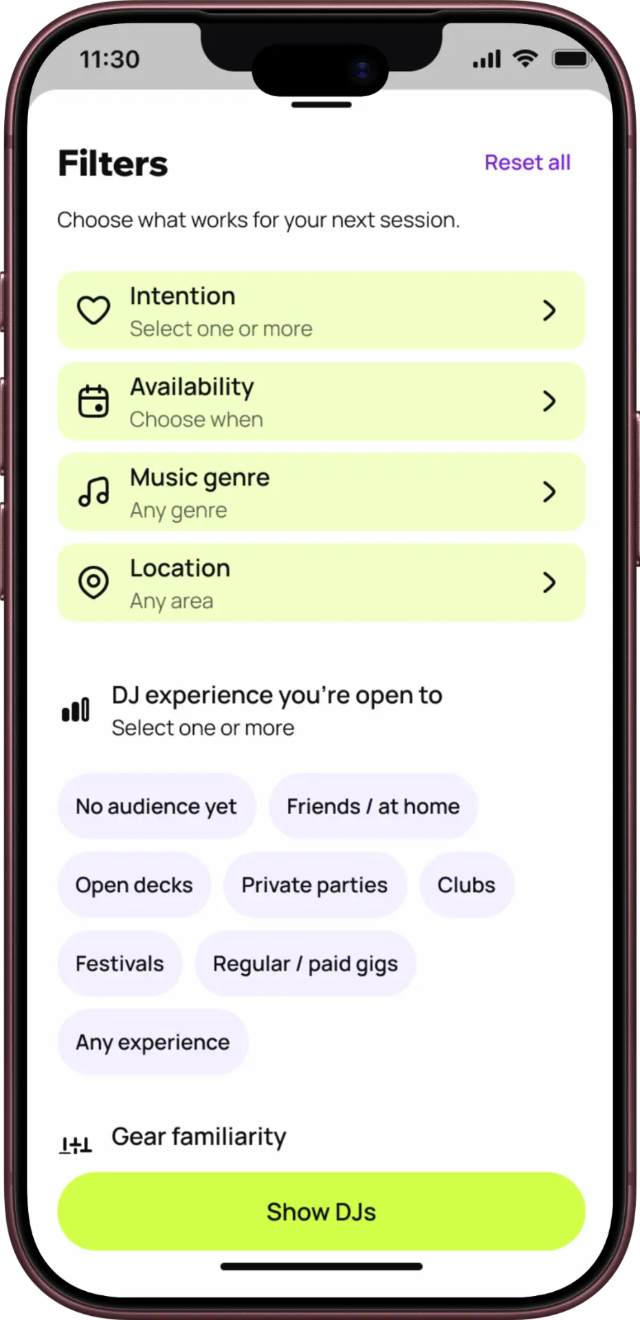 Beat/with filters for intention, availability, music genre, location, experience, and gear.