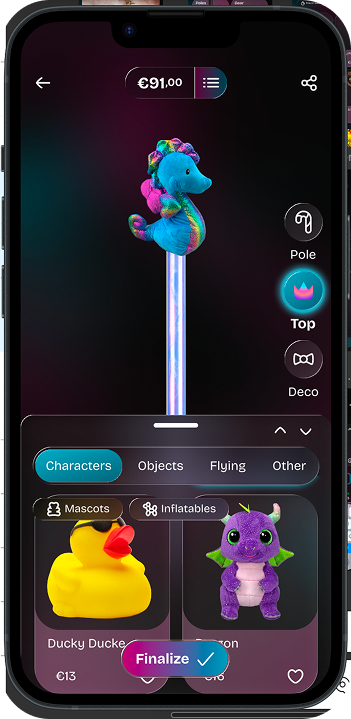 Totem Studio top step: assembled totem preview with character options and the “Finalize” action.